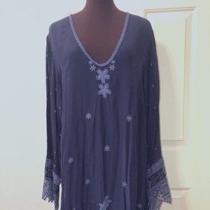 JOHNNY WAS dark blue rayon eyelet tunic dress lace